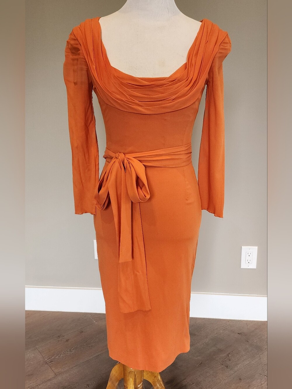 Dolce & Gabbana Silk Orange Vintage Long Sleeve Draped Corset Dress US 4 IT 40